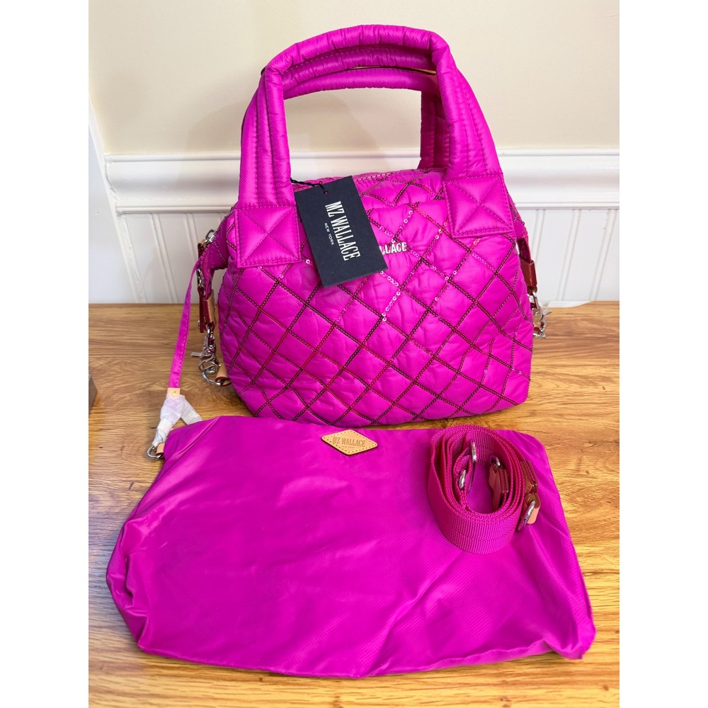 NWT MZ Wallace Sutton Deluxe Fuchsia Sequin Quilted Nylon Small Bag w. Pouch